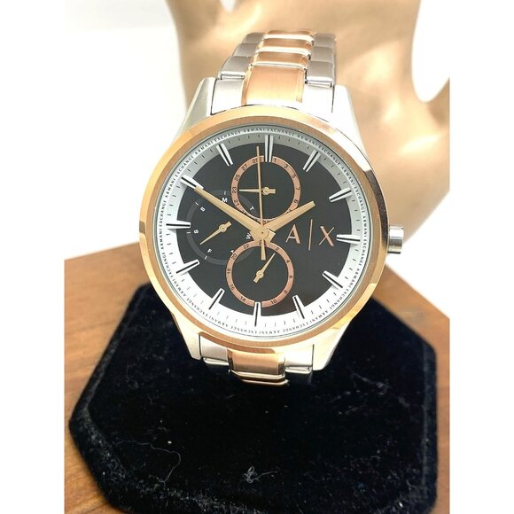 Armani Exchange Men's Watch AX1882 Quartz Black Dial Rose Gold Silver Steel 42mm - Picture 1 of 14